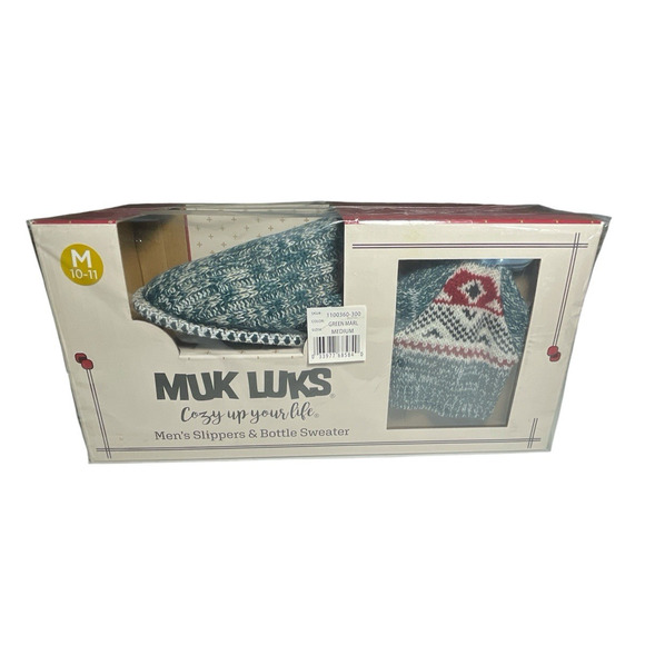 NEW MUK LUKS Men's Rib Knit Scuff Slippers Matching Bottle Sweater Medium 10-11 - Picture 1 of 11